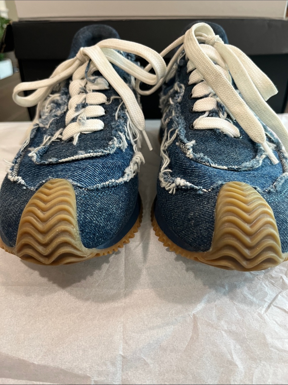 Loewe Distressed Denim Runner Sneakers in Blue with Cream Laces - Picture 10 of 12